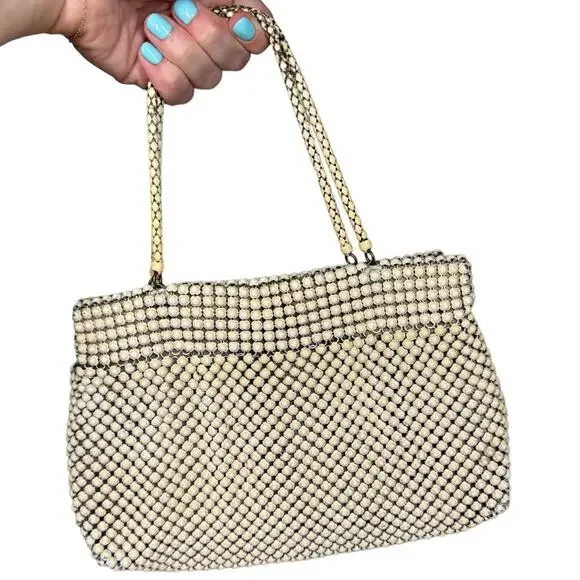 Vintage 40's Whiting & Davis Alumesh Handbag Purse Cream Beaded Evening Bag - Picture 1 of 13